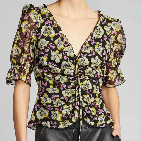 Cinq a Sept Kimberly Top Ruched Floral Print Top Black Multi Size M - Picture 1 of 8